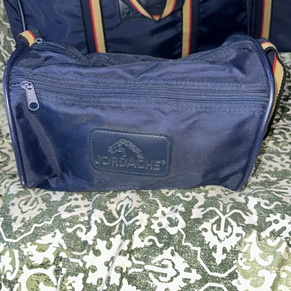 Excellent vintage Jordache blue nylon suitcase collection blue, red & tan handle
